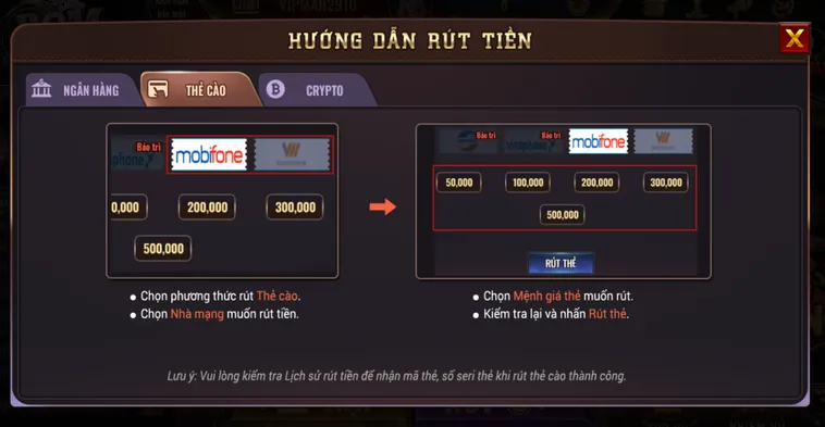 Rút Tiền Bằng Thẻ Cào Đa Dạng Mệnh Giá Tại BomWin